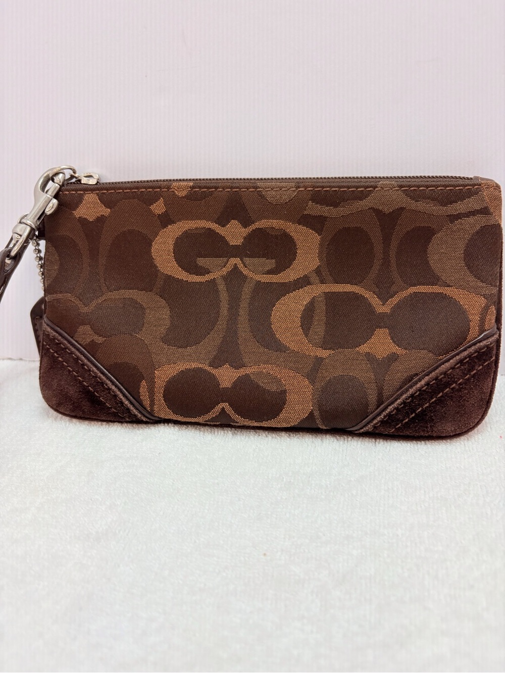 Coach Brown Signature Jacquard Wristlet with Suede Corners